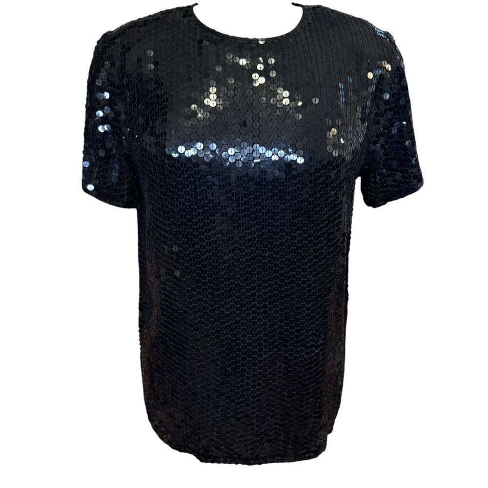 Diane Gilman Sequined Silk Tunic Blouse Sz. S Black
